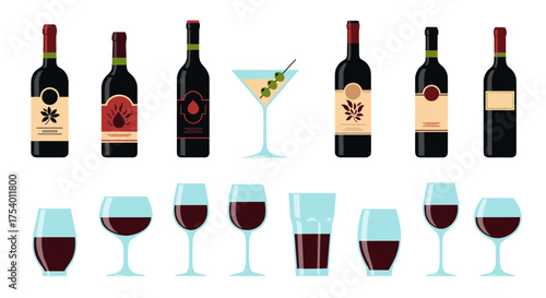A collection of different wine and cocktail glasses with bottles of alcoholic beverages.