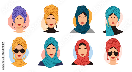 A collection of eight diverse female avatars wearing stylish headscarves and turbans showcasing vibrant colors and elegant designs.