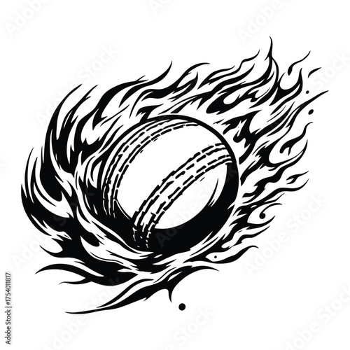 Dynamic cricket ball vector with swirling flames and bold seam detail, symbolizing speed, power, and energy in sports-themed designs