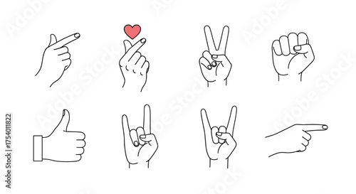 A collection of stylized hand gestures and symbols representing various meanings and emotions.