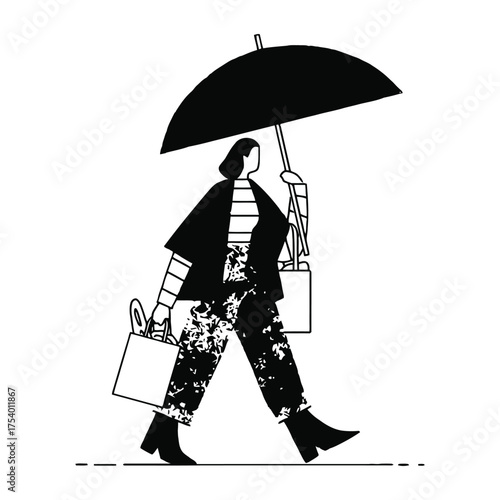 Stylized black and white fashion shopper vector with umbrella, striped outfit, and shopping bags, ideal for decor, icons, and sketches