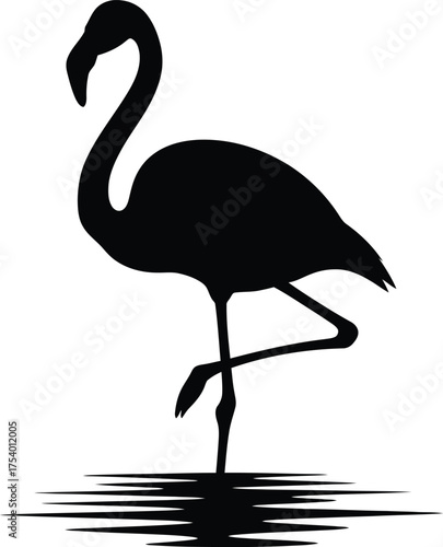 Black Silhouette Flamingo Standing in Water with Reflection Minimalist Vector Illustration