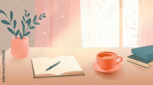 Cozy Workspace with Open Notebook and Cup of Coffee by the Window