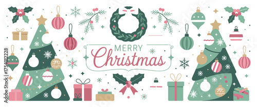 A festive holiday greeting banner with a collection of flat design Christmas elements including decorated trees, gift boxes, a wreath, and winter ornaments