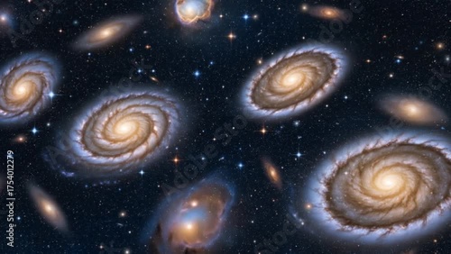 Vast view of multiple spiral galaxies in deep space with cosmic dust, stars, and nebulae illustrating the infinite universe. Space exploration concept