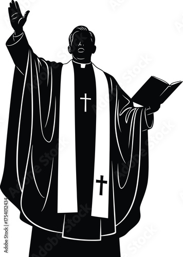 Clergyman Preaching Sermon with Open Bible Vector Silhouette