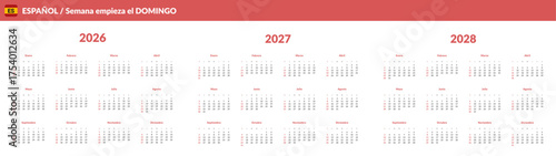 Set of annual on Spanish language Calendar Templates 2026. Vector layout of wall or desk simple Minimal calendar with week start on Sunday. Weekends highlighted in red. Page A4 -21x29.7cm for print