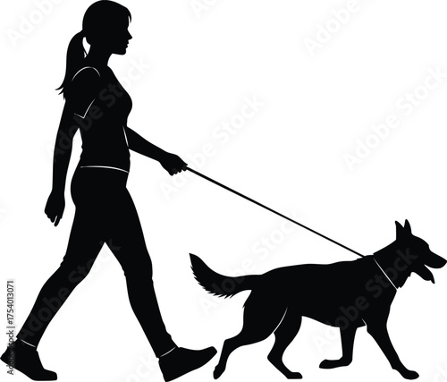 Woman Walking Dog Silhouette Vector Illustration