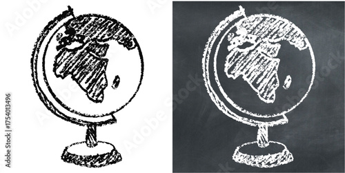 Chalk hand-drawn globe icon vector. Ideal for global travel, world network, and international themes. This graphic symbolizes earth, connectivity, and geography with a unique, sketchy aesthetic.