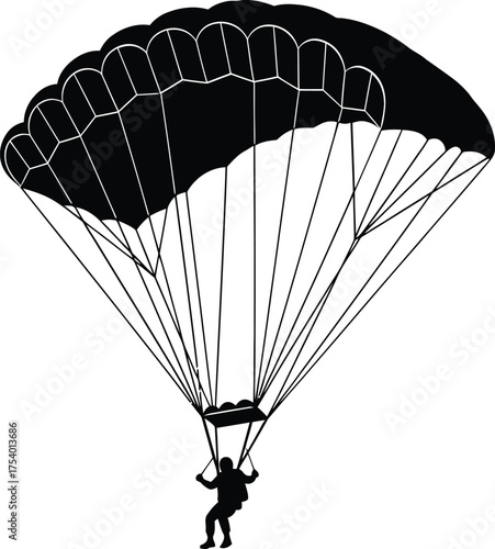 Skydiver silhouette flying with open parachute vector illustration in black and white extreme sport graphic