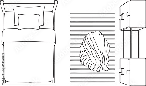 Overhead view of a bedroom layout featuring a bed with pillows and blanket, a rug with draped fabric, and a stacked nightstand, showcasing interior design elements