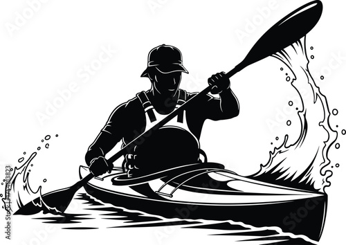 Action Kayaker Silhouette Navigating Waters with Paddle and Splashes Black and White Vector Illustration