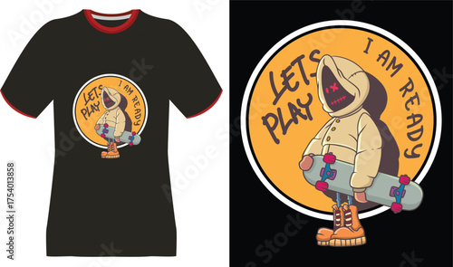 Cartoon Character with Skateboard and "Let's Play, I Am Ready" Text