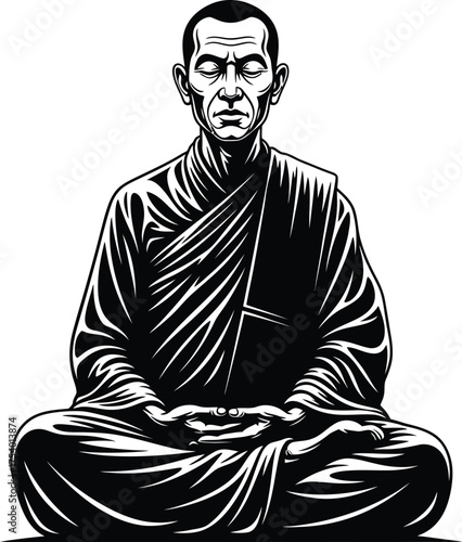 Meditating Monk Black and White Vector Illustration of Zen Spiritual Practice