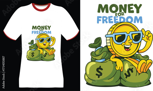 Cartoon coin character with money bags and "Money for Freedom" text