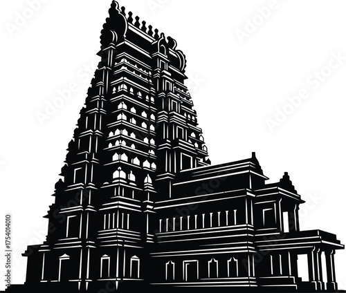 South Indian Temple Gopuram Vector Illustration Black and White Hindu Religious Architecture