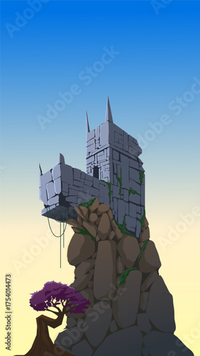 Vector illustration of old abandoned castle on a hill
