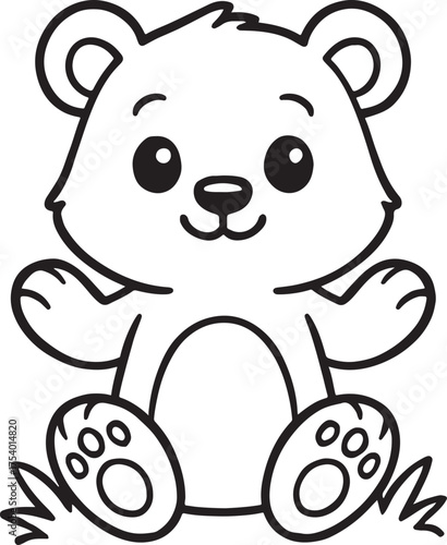 Adorable cartoon bear cub sitting cheerfully on grass, ready for coloring fun