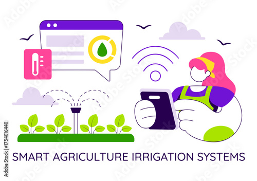 Smart Agriculture Irrigation Systems Illustration Featuring Plant Growth and Vertical Farming with Hydroponics and Plant Monitoring via Mobile App