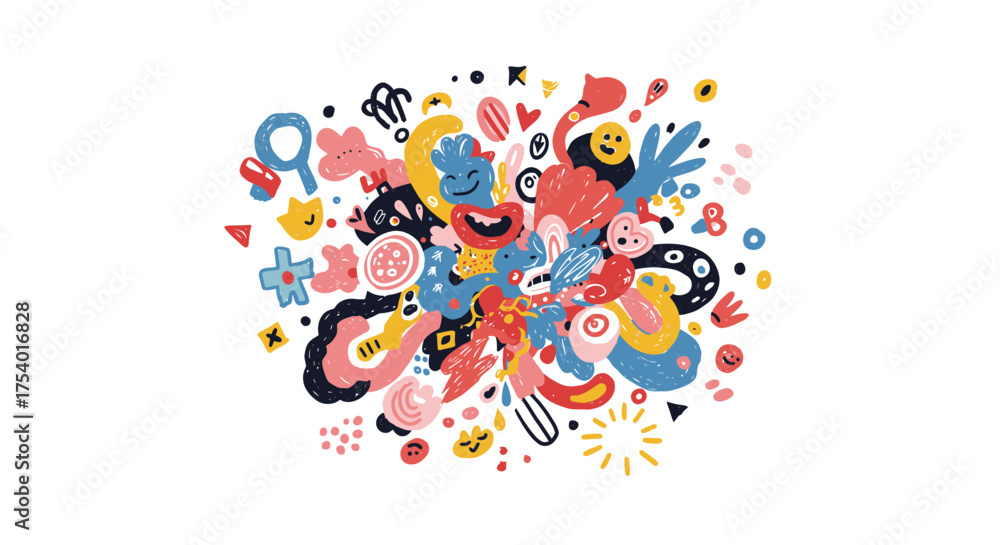Obraz premium A vibrant abstract illustration bursts with a joyful medley of colorful doodles, playful characters, and whimsical shapes, symbolizing creative energy and fun.