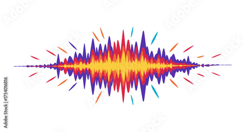 An exciting, multicolored sound wave spectrum pulsates with vibrant energy, representing audio frequencies and digital music visualization.