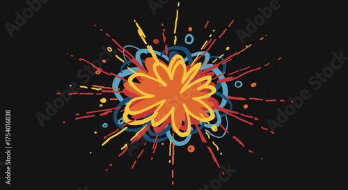 A vibrant, hand-drawn explosion illustration bursts with energetic color against a dark background, perfect for dynamic visual effects.