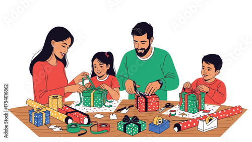 A family is gathered around a table, wrapping Christmas presents together with joy.
