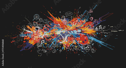 A vibrant abstract explosion of colorful paint splashes and intricate digital doodles creates a dynamic visual representation of modern creativity and information.