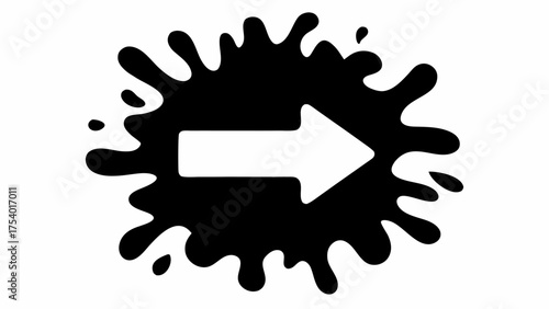 White right arrow inside a black ink splatter design pointing towards the right direction on a white background