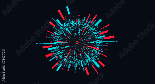 A vibrant abstract burst of red and cyan digital particles radiates from a central point, creating a dynamic, futuristic visual effect against a dark backdrop.