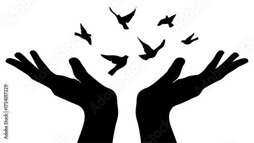 Silhouette of two hands releasing birds into the air creating a sense of freedom and letting go moment