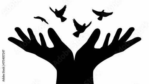 Silhouette of hands releasing birds into the sky representing freedom and hope in black and white art
