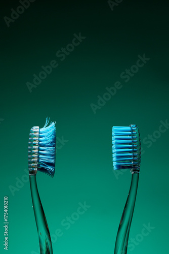 A new toothbrush is placed next to an old toothbrush, representing the need for replacement for effective dental care. The background is a solid green color with copy space.