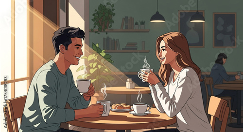 A couple is sitting at a table in a cafe, drinking coffee and talking, with a window in the background, enjoying a sunny day