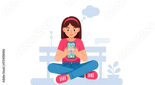 Young woman using smartphone while sitting on park bench girl chatting with friends online vector illustration