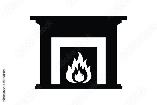 Christmas Fireplace Icon with Fire and Garland, vector, illustration.