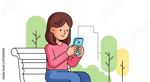 Young woman using smartphone while sitting on park bench girl chatting with friends online vector illustration