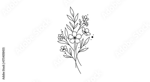 Minimalist Floral Bouquet Illustration with Delicate Wildflowers and Leaves on White Background