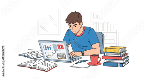 A young man is working on his laptop at his desk, surrounded by books and papers, with a cup of coffee nearby