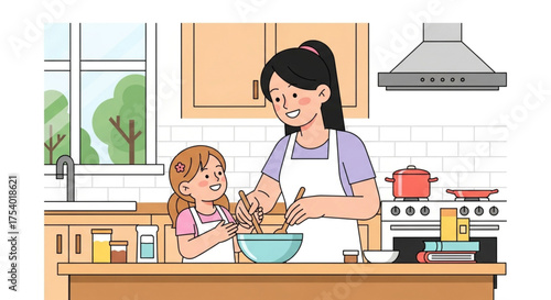 A mother and daughter are happily baking together in the kitchen, mixing ingredients in a bowl and enjoying quality time