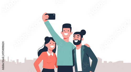 Three friends are taking a selfie together against the backdrop of the city skyline, capturing a moment of joy and connection in the urban landscape