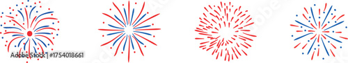 Four unique red and blue firework designs sit on a clean white background