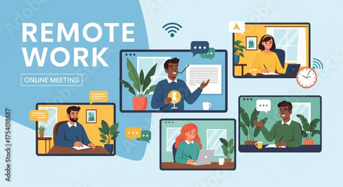 Remote work and online meeting concept with diverse people connecting through video conference, fostering collaboration and communication in the digital workplace