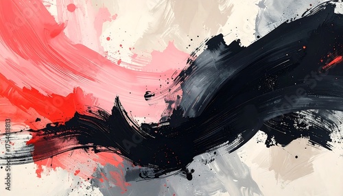 Abstract artwork with bold brushstrokes of red, black, gray, and white, splattered paint effect
