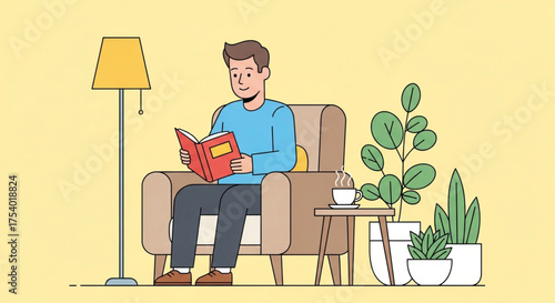 A man reading a book in a cozy armchair next to a lamp and plants, enjoying a relaxing moment in his home