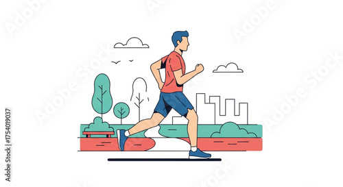 A man is running in a park with buildings in the background, wearing a red shirt and blue shorts