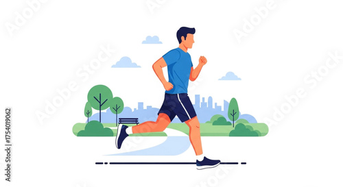 A man is running in a park with buildings in the background, wearing a blue shirt and black shorts