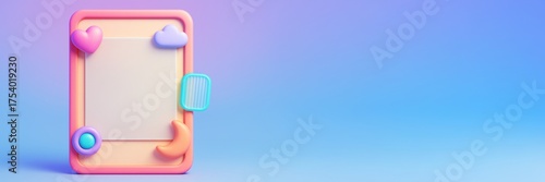Colorful abstract 3D frame with playful shapes on gradient background and bla...