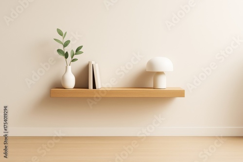 Minimalist wooden floating shelf with decor items including a white vase, books, and a small lamp on a beige wall background. Ai generative.