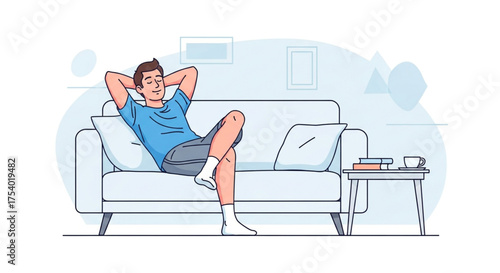 A man is relaxing on a couch with his hands behind his head, , enjoying a peaceful moment at home